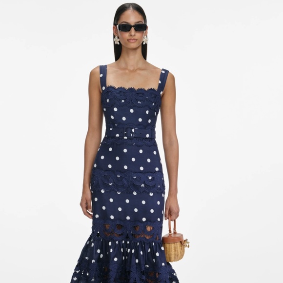 Self-Portrait Dresses & Skirts - self-portrait Navy Polka Dot Linen Midi Dress Size: US2 - MSRP $690 - NWT
